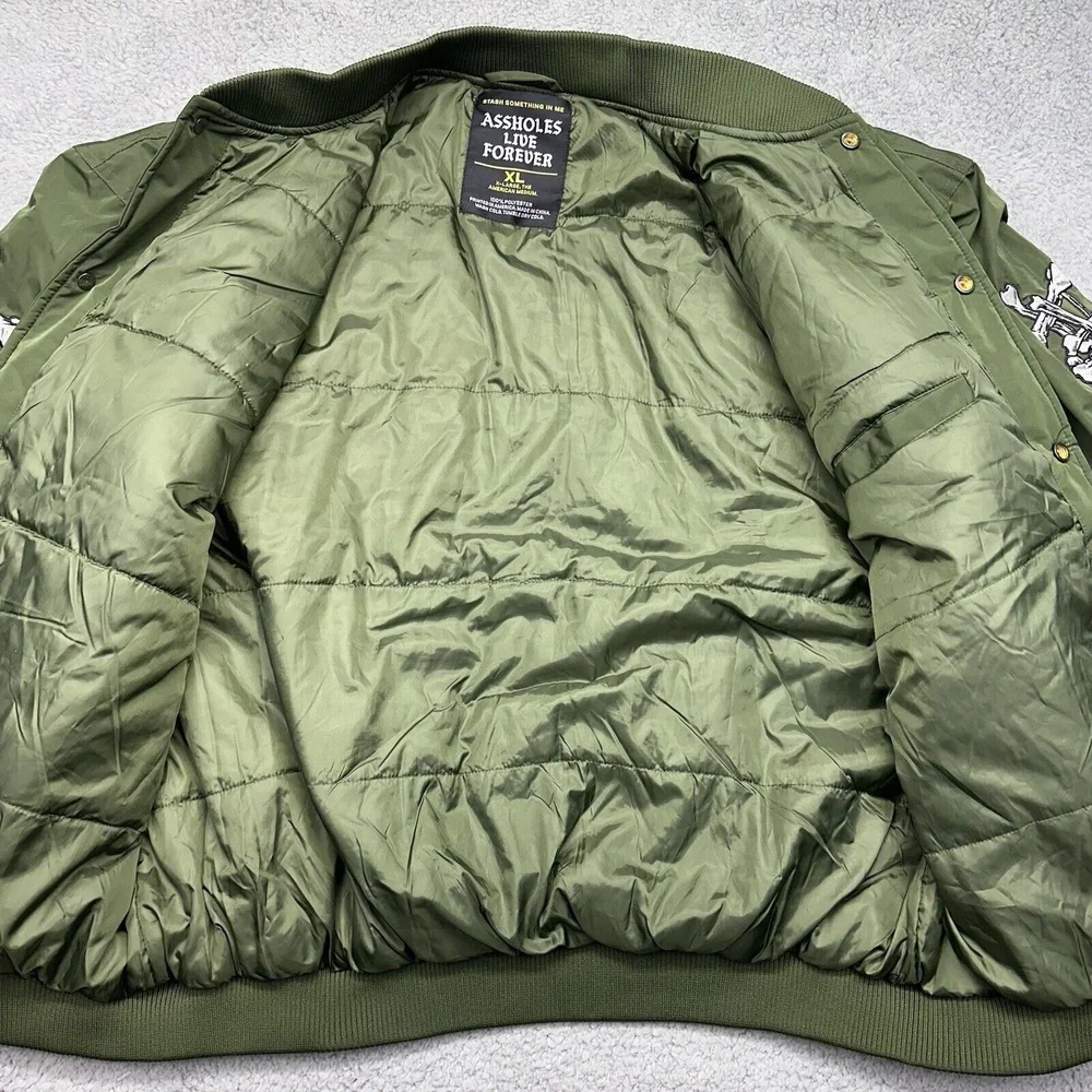 A**holes‎ Live Forever Mens XL Green Varsity Polyester Bomber Jacket Puffer Coat - Picture 7 of 10
